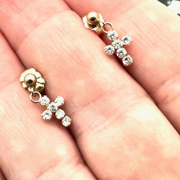 Womens Earrings 14K Yellow Gold Cubic Zirconia Cross Pierced - Picture 1 of 5